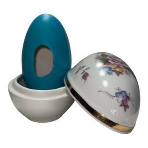 Vintage Shackman Porcelain Egg Trinket Box with Hidden Blue Porcelain Egg Insert